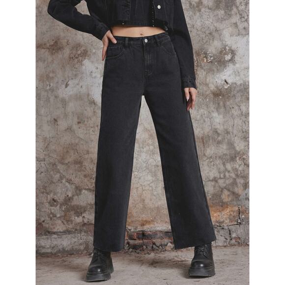 Cider Womens size Large Straight Wide Leg Denim Jeans High Rise Black - Picture 1 of 8
